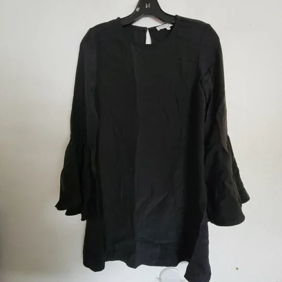 Alexis Black 100% Silk Long 3/4 Sleeve Bell Sleeve Mini Shift Dress Size XS